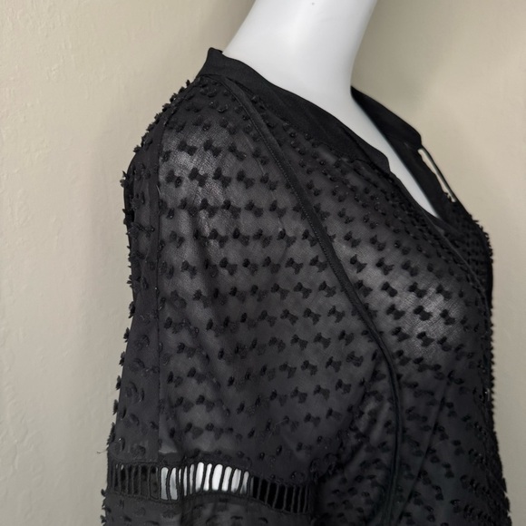 OHNE TITLE Rare Sheer Swiss Dot Loose Fit Black Blouse Tie Neck 3/4 Sleeves Sz 6 - Picture 11 of 15